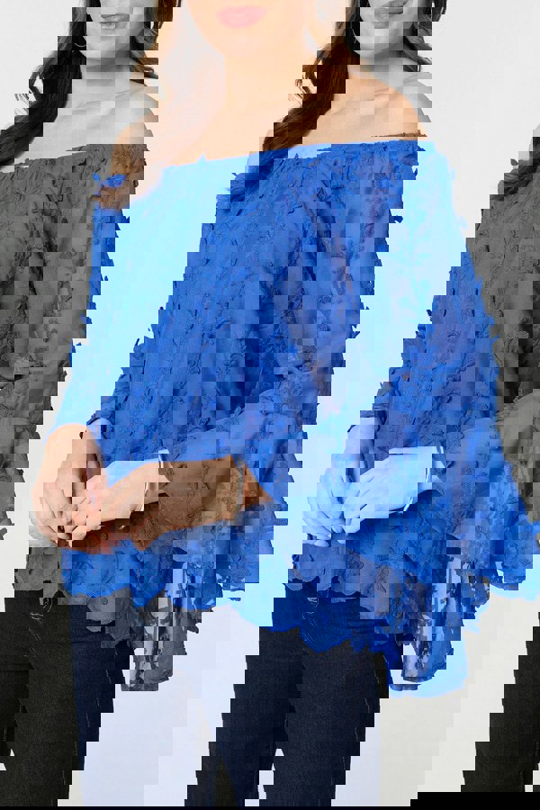 Blue | Textured Semi Sheer Bardot Blouse
