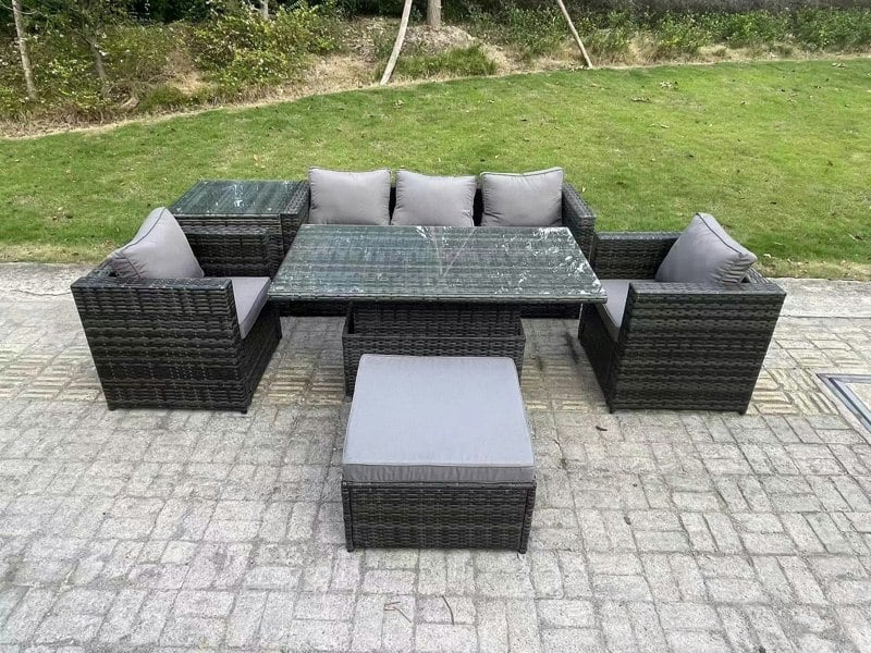 Fimous Outdoor Rattan Garden Furniture Sofa Set Adjustable Rising Lifting Dining Table Set with Side Table 2 Armchairs Big Footstool Dark Grey Mixed