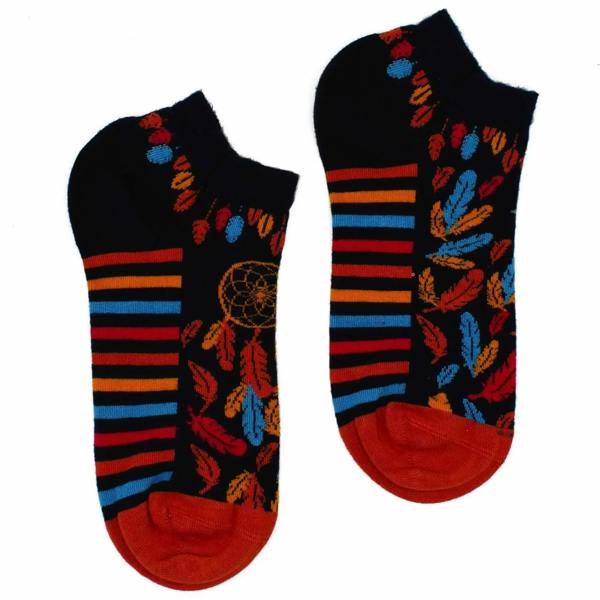 Low-cut bamboo socks with black base, rainbow stripes, and colorful insect/animal prints