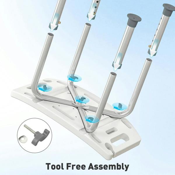 Adjustable-height shower stool with blue seat and tool-free assembly parts shown