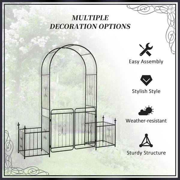 Black metal garden arbor arch with double doors, shown on an infographic with assembly icons