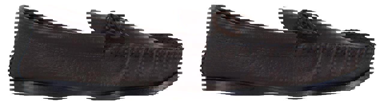 Northamptonshire Slipper Co. Mens British Hand Made Casual Leather Moccs Moccasins Slippers, dark brown leather moccasins with a lace detail and textured sole.