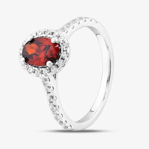 T. H. Baker Sterling Silver Red Oval Cut Cubic Zirconia Shoulder Set Halo Ring S2157