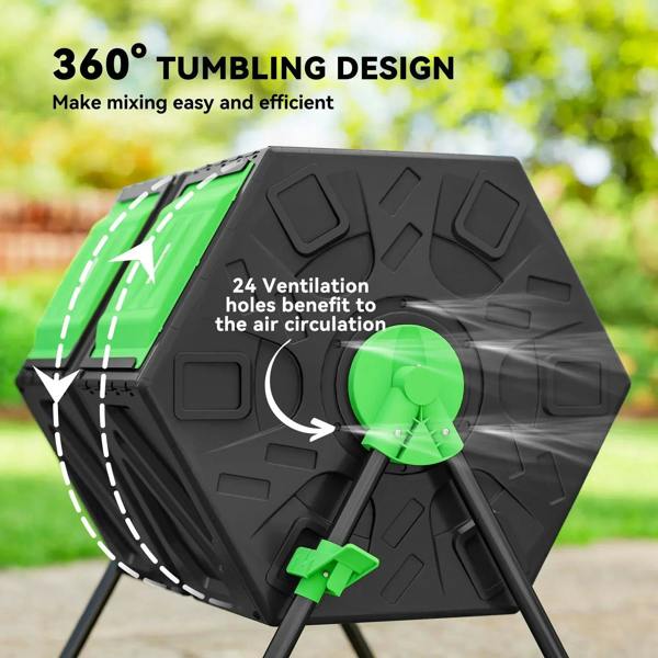 Black dual-chamber compost tumbler with green access knob and ventilation holes on top