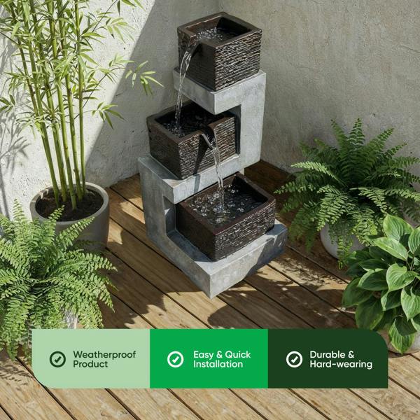 Gardenwize Solar Water Feature – Stacked Blocks Fountain with LED Lights & Battery Backup