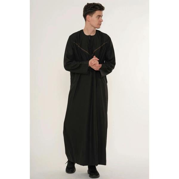 HM10 - Men's Emirati Omani Zipped Embroidery Thobe - Black - Thobez - 19