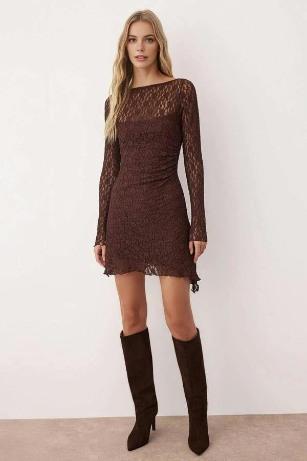 WOVCOR Asymmetrical Mini Lace Knit Dress with Back Detail