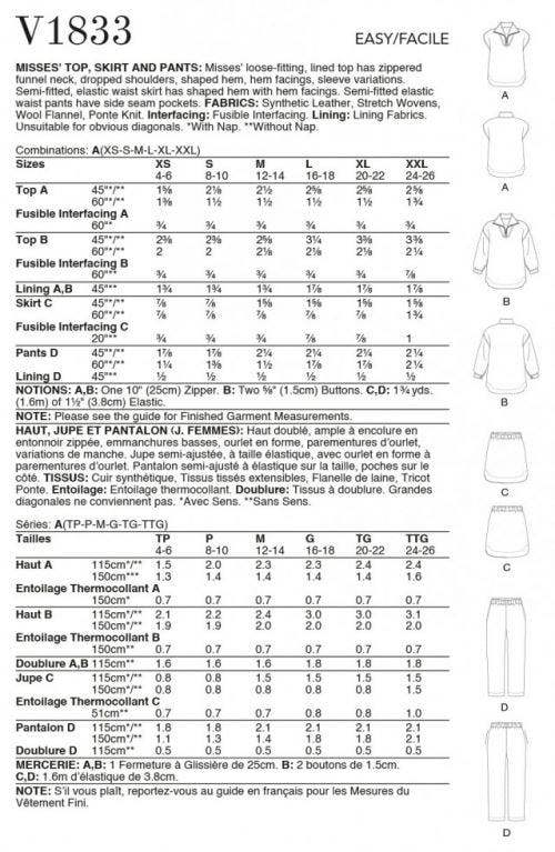 Vogue Sewing Pattern 1833, Tops, Skirts, Trousers for Women, A (XS-S-M-L-XL-XXL) - Easy