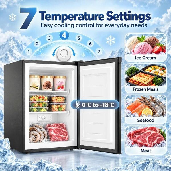 85L Mini Freezer Countertop, Compact Freestanding Upright Freezer with Reversible Door, Removable Glass Shelves, Black