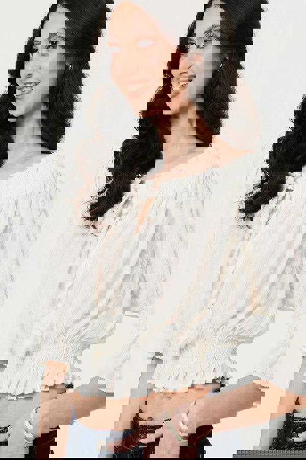 White | Textured Bardot Ruched Crop Top
