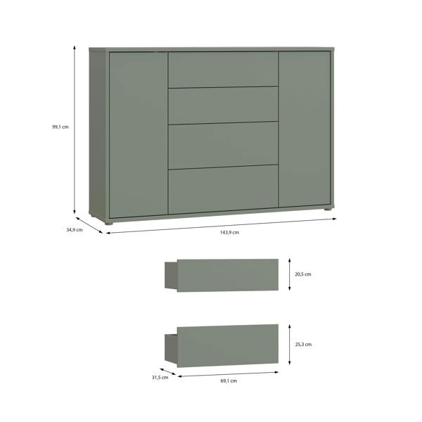 Furniture To Go Alice Springs Wide Sideboard with 4 Drawers & 2 Doors with Push-to-Open in Sage Green