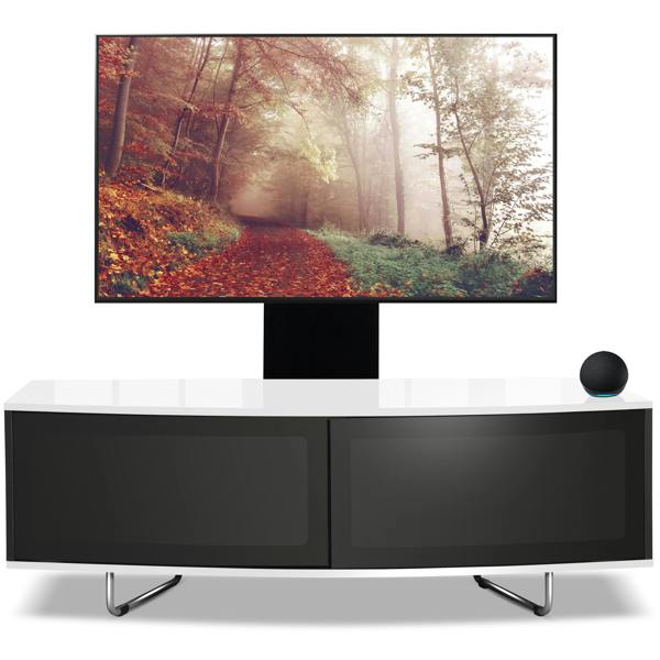 Homeology Caru Black White Beam-Thru Remote Friendly Super-Contemporary D Shape Design 32"-65" LED/OLED/LCD TV Cabinet with Mounting Arm
