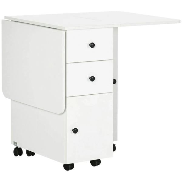 White drop-leaf dining table with drawers and cabinet storage on caster wheels.