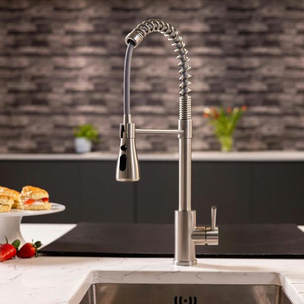 Flode Fjädra | Pull Out Kitchen Sink Mixer Tap | Spring Style Mixer Tap | Brushed Steel | Oval Head