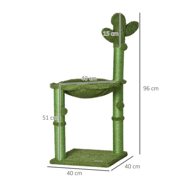 Green cactus cat tree tower with hammock bed and base platform, size diagram