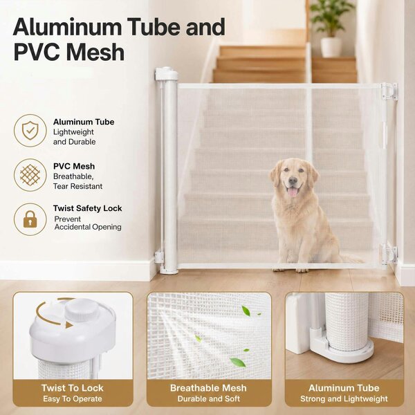 Dekko Retractable Stair Gate One Hand Lock 150cm PVC Mesh For Hallways Grey