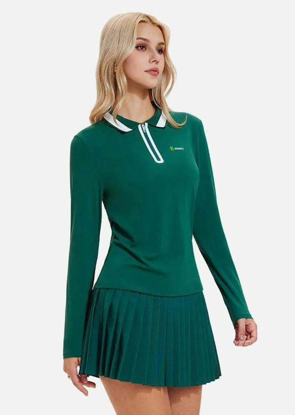 Anniou UPF 50+ Long-Sleeve Polo Pickleball Skirt Set - green