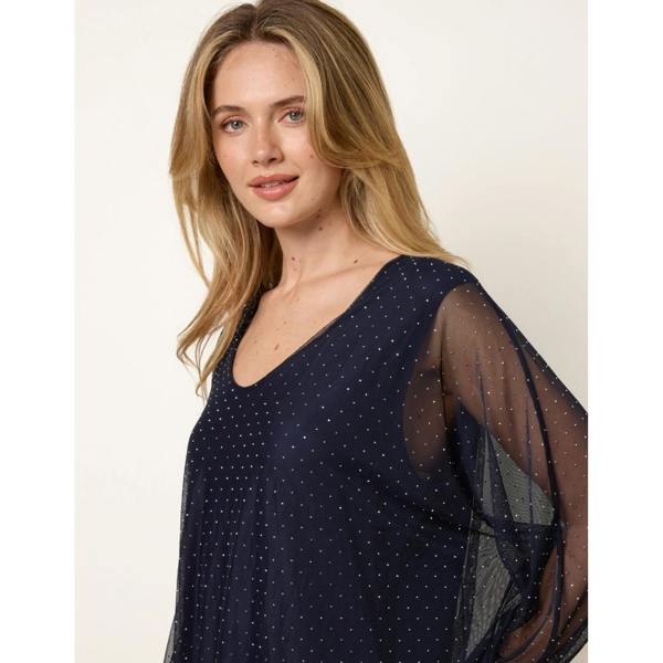 Blue Vanilla Mesh Diamante Batwing Top