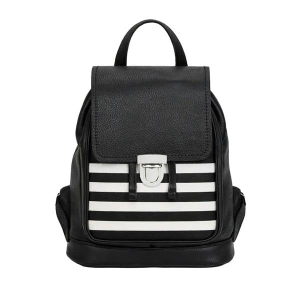 a black leather backpack with a black and white striped front on a plain white background