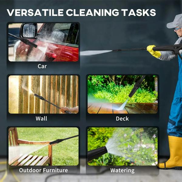 Pressure washer spraying water from spray wand onto outdoor surfaces, blue unit