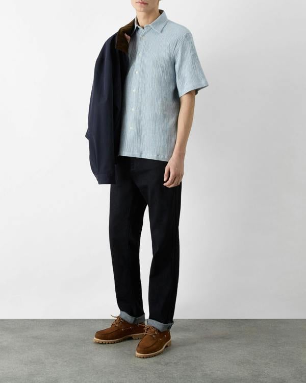 Oliver Sweeney Somerton Mens Striped Linen Shirt - Fine Blue Stripe