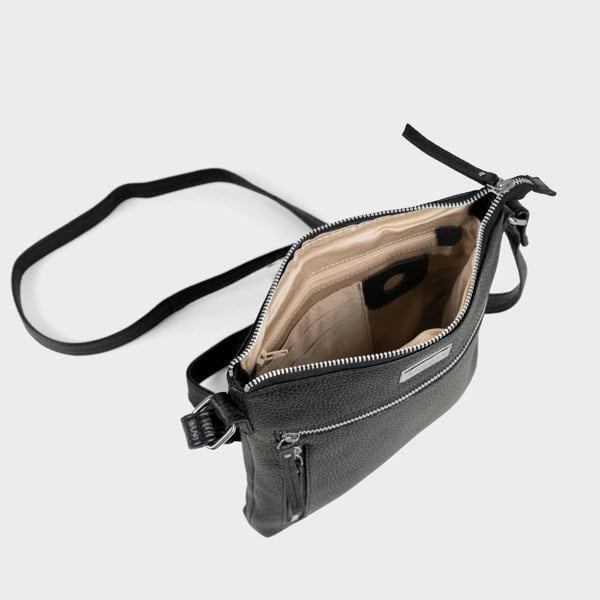 Assots London 'RUE' Black Pebble Grain Real Leather Crossbody Bag