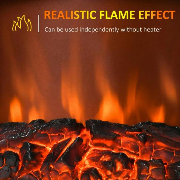 Close-up of LED flame effect with glowing orange embers and black coal pieces