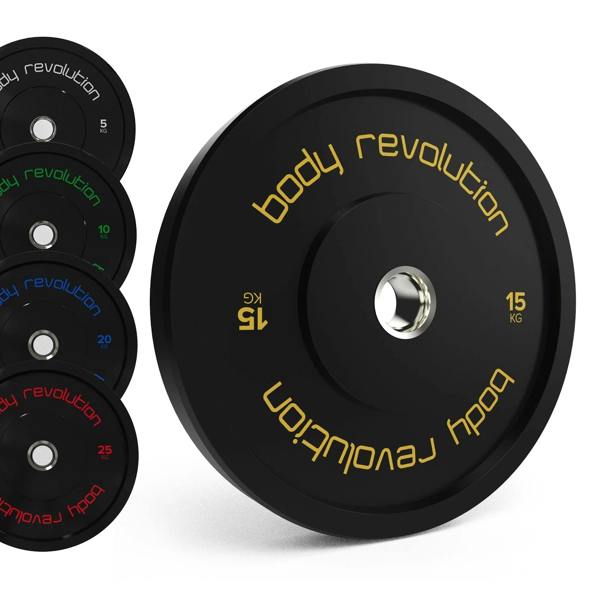Body Revolution Olympic black bumper plate bundle featuring 15kg, 25kg, and 10kg weights with vibrant color coding and durable rubber material