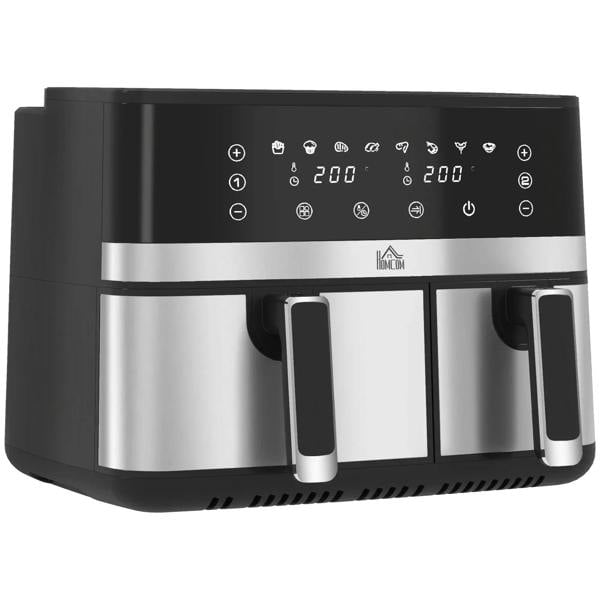 Black dual-basket air fryer with two pull-out drawers and digital control panel