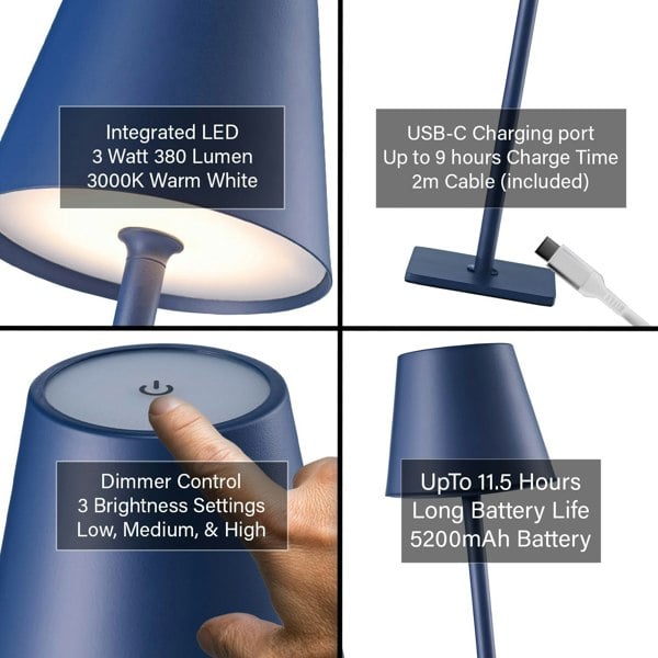 Tall Navy Blue Rechargeable Touch Dimmable Table Lamp with Metal Shade Image 4