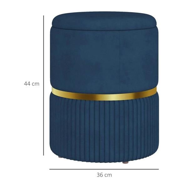 Blue storage ottoman with fluted sides, gold-tone band, and top cushion; size shown