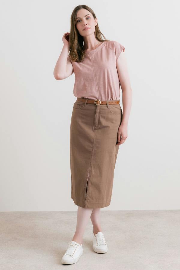 Lily & Me Morwenna Stretch Twill Midi Skirt Mocha