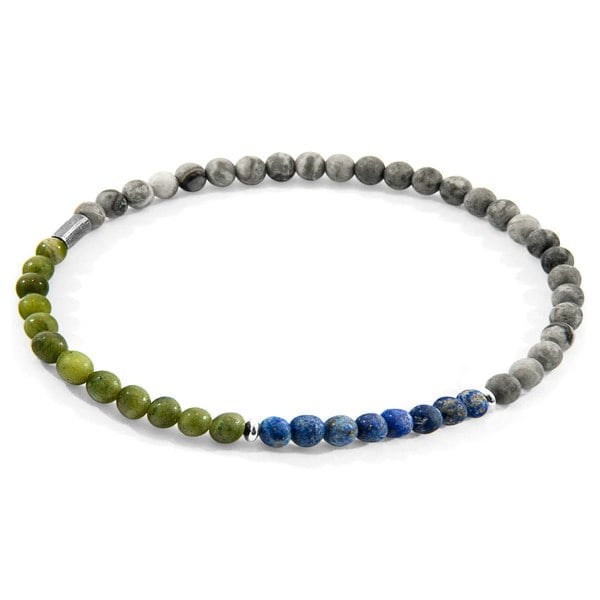 Anchor & Crew Grey Jasper, Green Jade and Blue Sodalite Joshua Silver and Stone SKINNY Bracelet