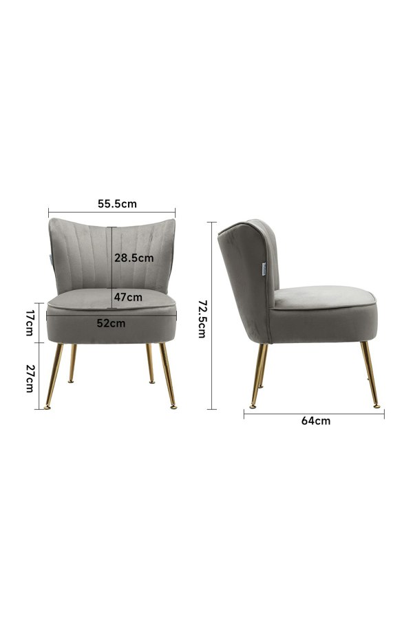 Living and Home Grey Velvet Armless Wingback Accent Chair with Gold Metal Legs