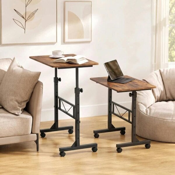 Overbed Table Adjustable Height Sofa Side Table with Wheels 80 x 40 cm Rustic Brown Black - Rustic Brown