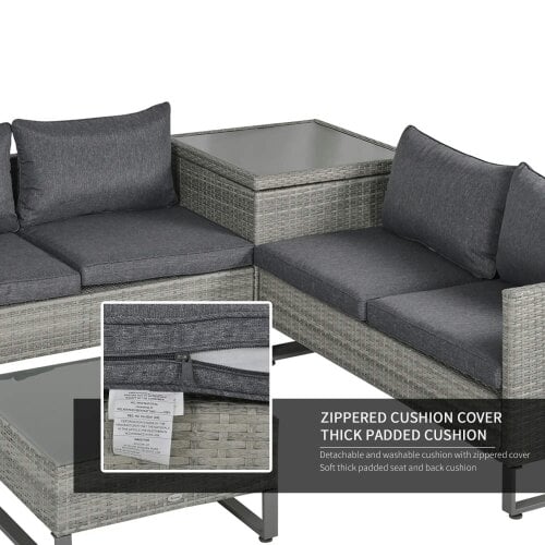 Bobobiy 4 Pieces Rattan Garden Set, 4 Seater Garden Sofa Set with Storage Box, Wicker Outdoor Conservatory Furniture with Cushions, Grey