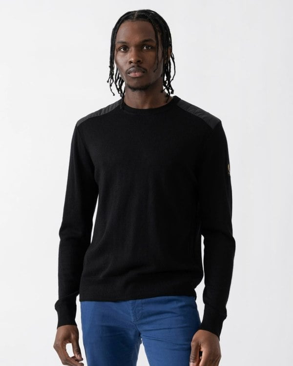 Belstaff Kerrigan Mens Merino Wool Crew Neck Jumper - Black - CHO - Designer Mens Jumpers