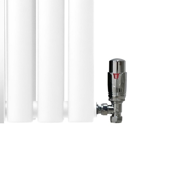 Sleek white oval mirror radiator with polished chrome valve, measuring 1800mm x 500mm, showcasing a modern design and smooth finish