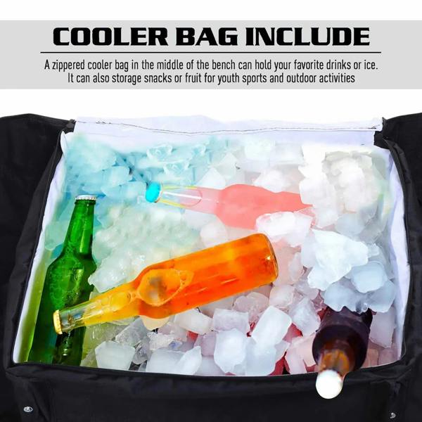 Black bench cooler bag with zipper, filled with ice and bottled drinks