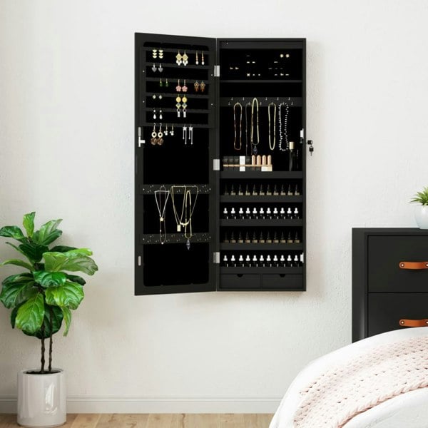 Berkfield Mirror Jewellery Cabinet with LED Lights Wall Mounted Black