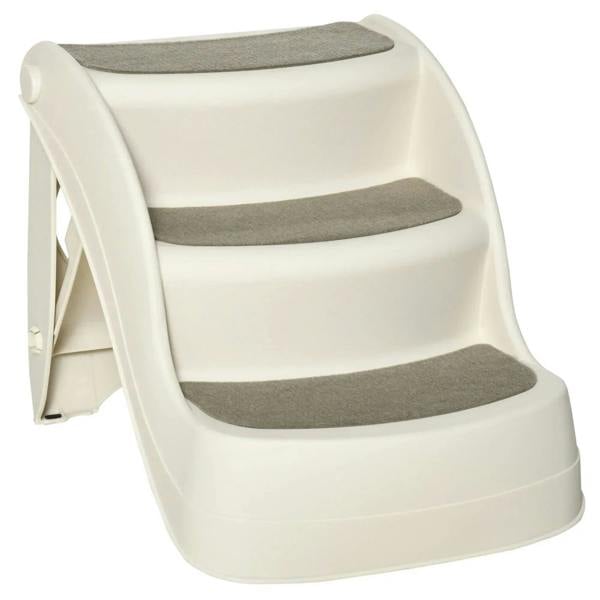 Cream 3-step pet stairs with three gray non-slip mats and side supports