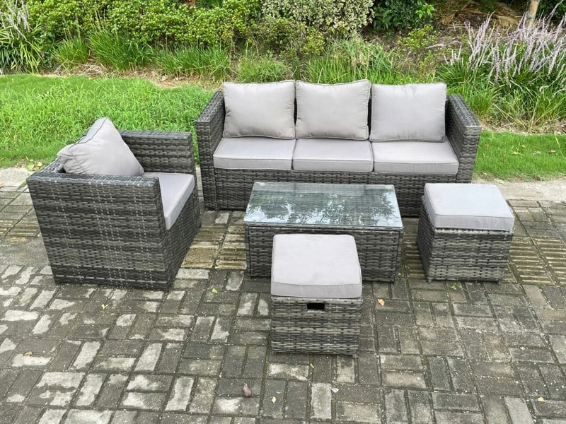 Fimous Rattan Garden Furniture Set with 3 Seater Sofa Coffee Table Armchair 2 Small Footstools Indoor Outdoor Patio Lounge Sofa Set Dark Grey Mixed