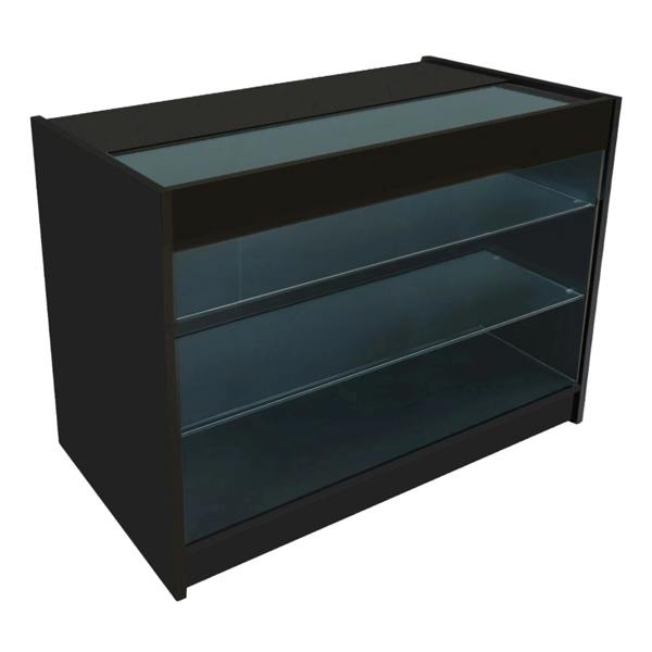 Hera LED Shop Counter Set in black features a sleek design with glass shelves and a top display area, perfect for showcasing products