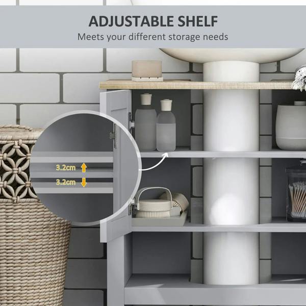 Grey under-sink cabinet interior with adjustable shelf and U-shaped pipe opening