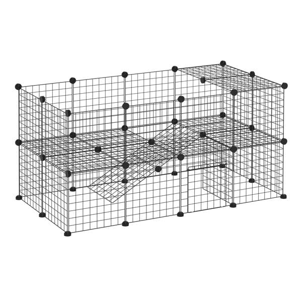 Black metal wire playpen enclosure with square grid panels and round corner connectors