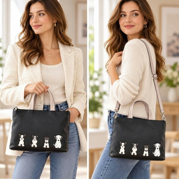 Mala Leather Sitting Dogs Black Leather Grab Bag with Detachable Shoulder Strap