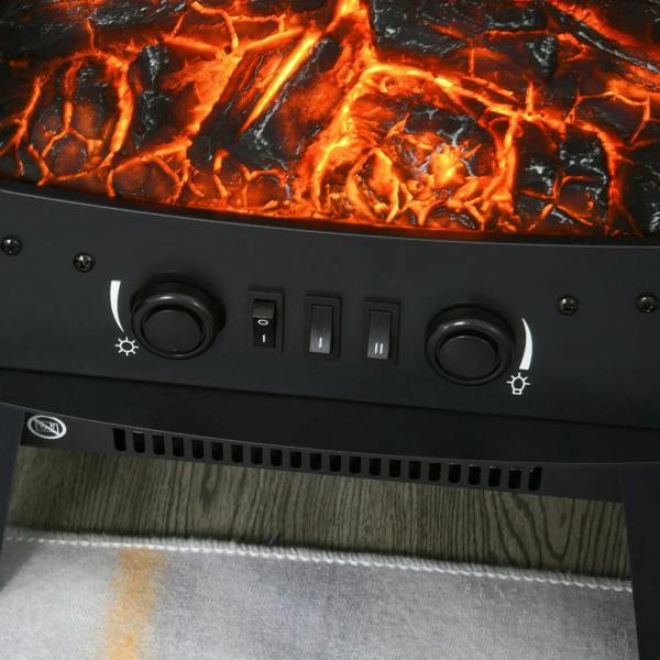 Black electric fireplace heater controls above glowing faux log flame