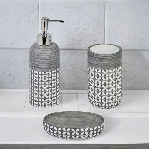 Showerdrape Ravello Geo Floral Grey & White 3 Piece Bathroom Accessory Set