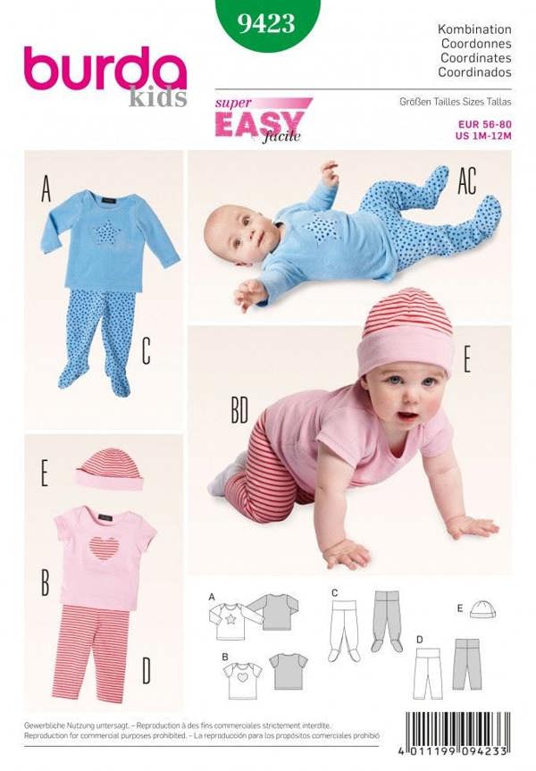 Burda Sewing Pattern 9423 Headwear, Trousers and Tops For Babies, 1 Month - 12 Months - Easy