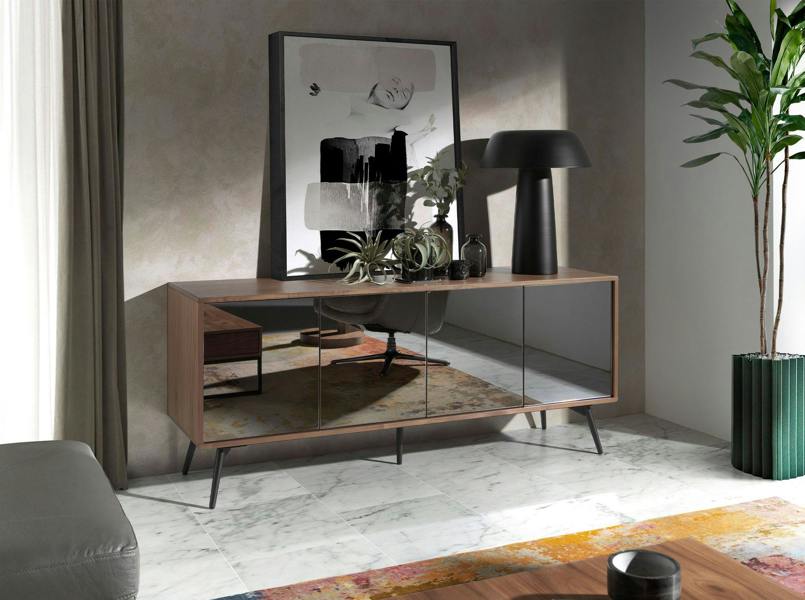 Angel Cerdá Black Mirror Effect Glass, Walnut and Black Steel Sideboard 3061